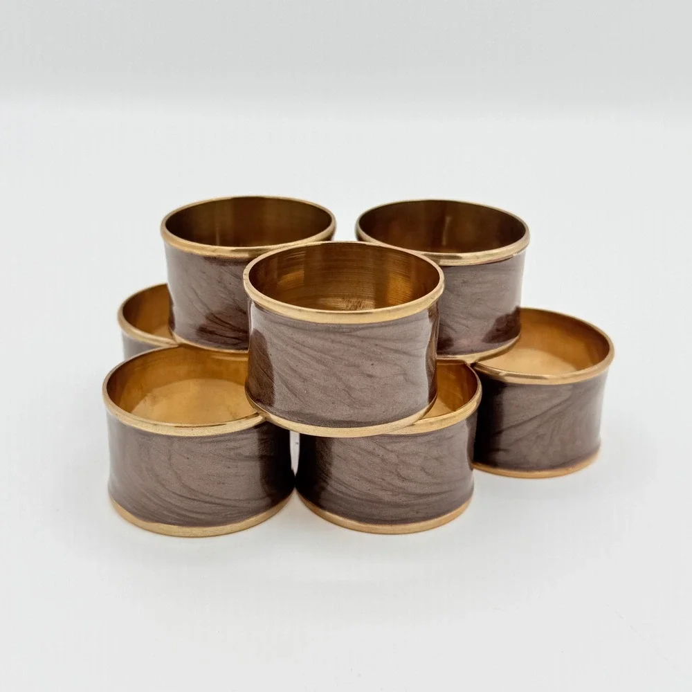 Vintage Brass & Marbled Enamel Napkin Rings Set of 8 Taupe Brown